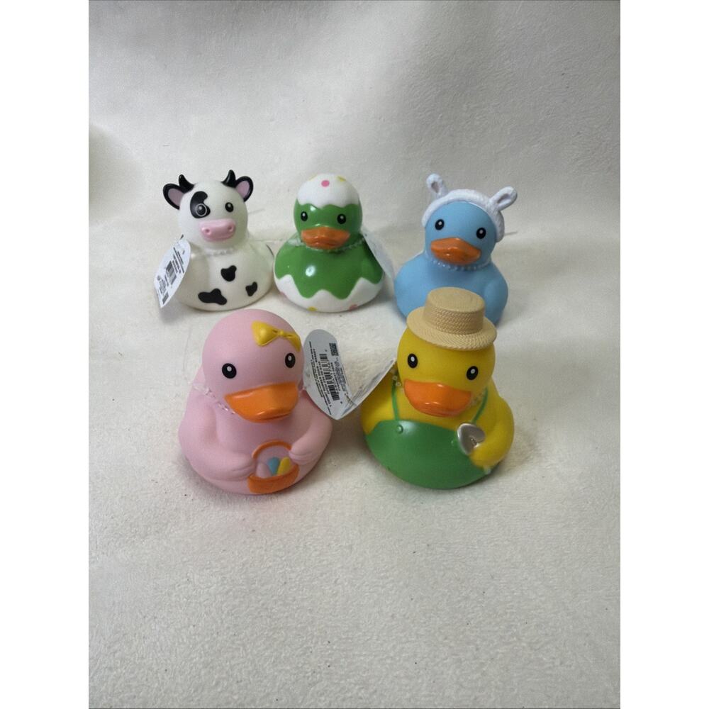 5 small Easter rubber ducks (Bunny, Cow, Egg, Farmer, Pink Duck) 2.5”